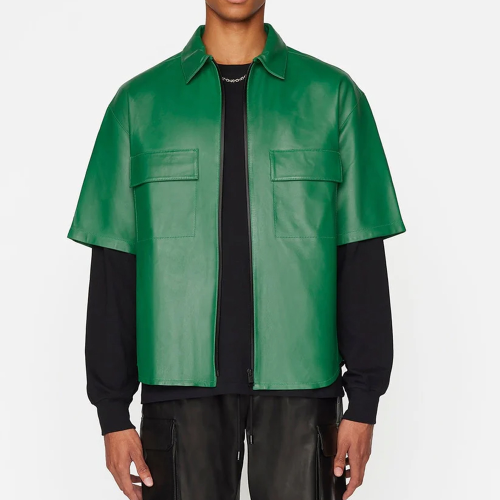 Half SLeeve Dark Green Leather Shirt