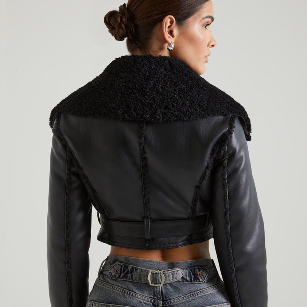 EIRA Jacket with Shearling Collar and Trim in Black