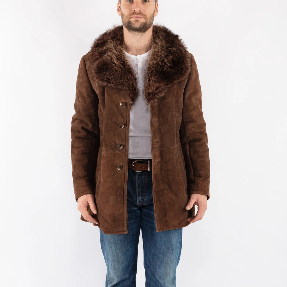 Men Sheepskin Shearling Coat in Brown