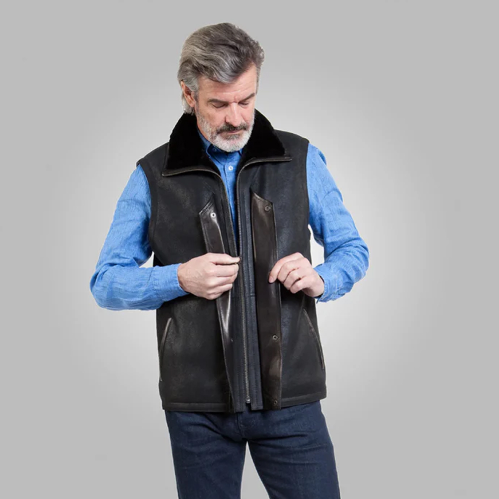 Winter Black Leather Shearling Vest